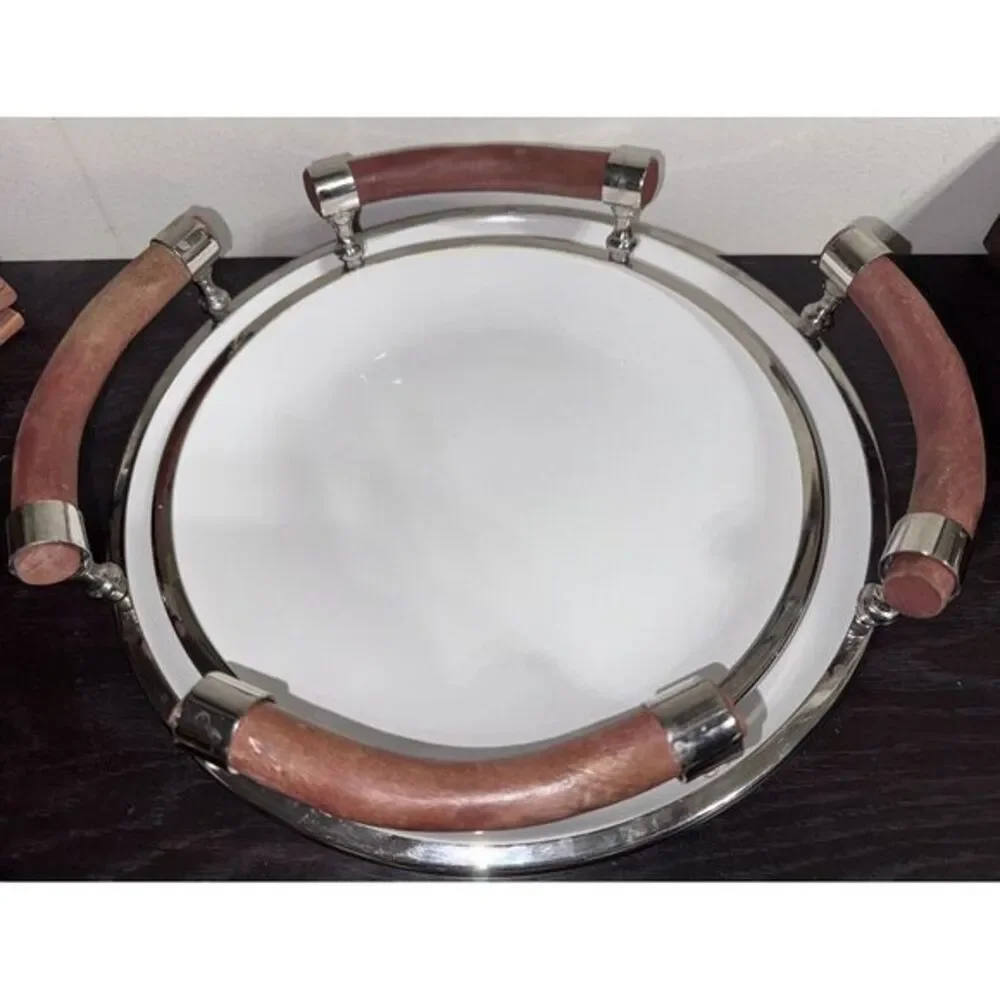 Set‎ Of Two White Ceramic Salad Trys With Wooden Handles And Chrome Rims.